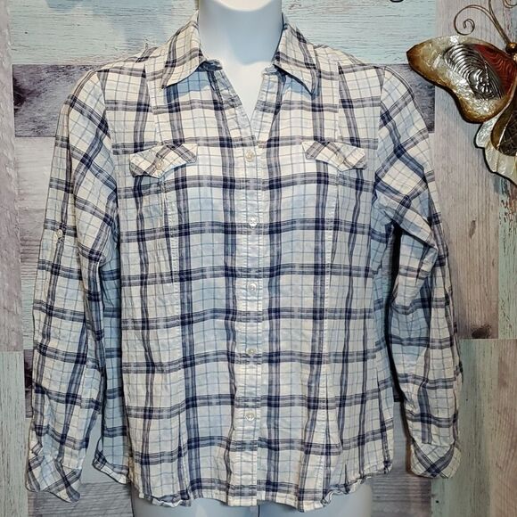 Pendleton Sz XL Ladies White Blue Plaid Casual Button Up Cotton Blouse 824 - Picture 1 of 10
